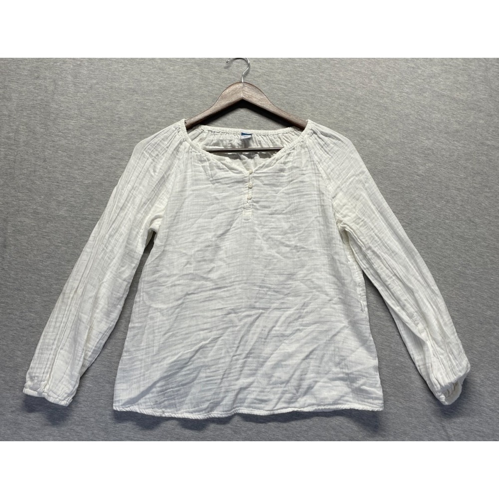 Old Navy Gauze Crinkle Blouse Top Womens XS White Cotton Pleated Henley Neck